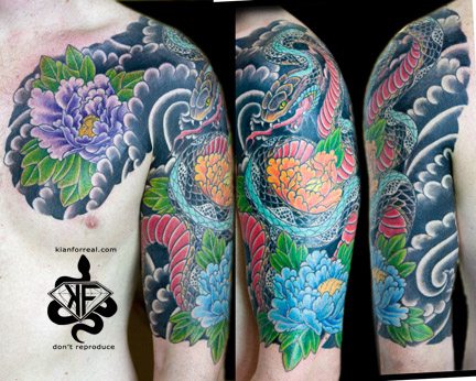 Purple Ink Japanese Peony Flower Tattoo Design For Half Sleeve